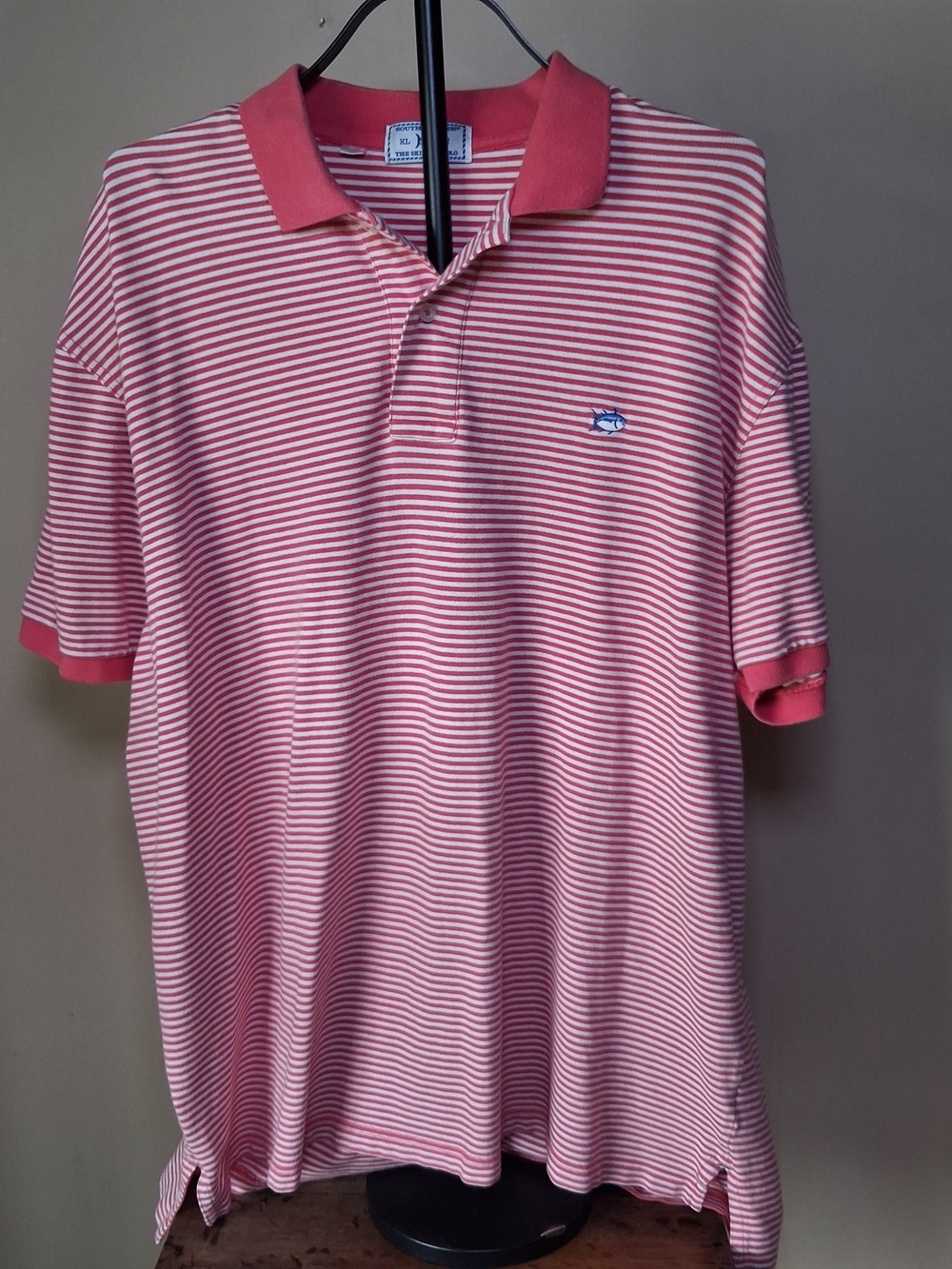 Southern Tide Men's Coral & White Striped Skipjack Polo; Size XL